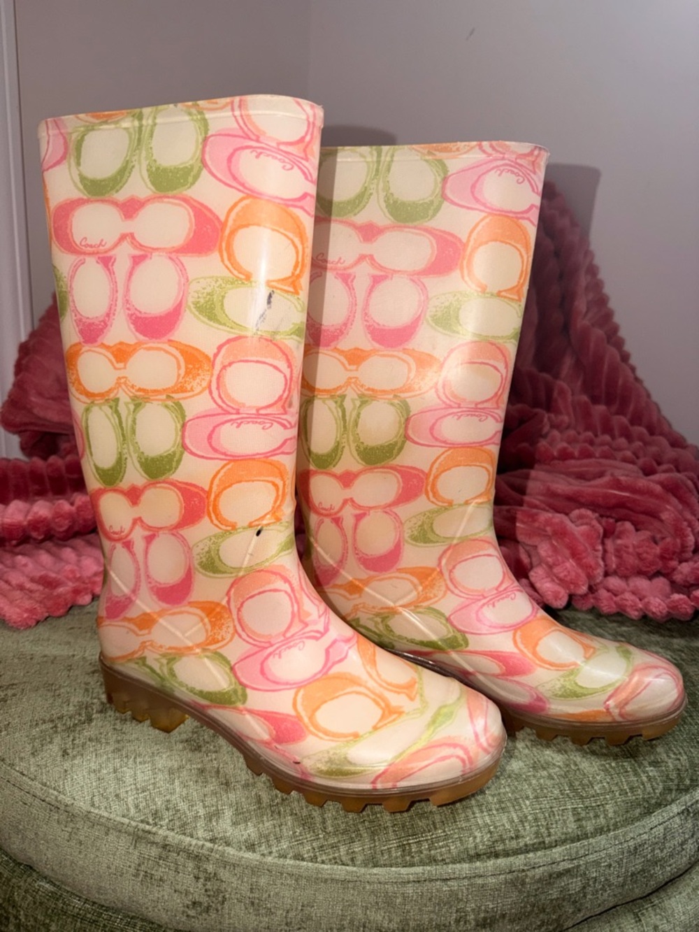 Coach Pink Orange Green Logo-Print Rain Boots